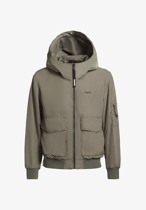 Olive green hooded jacket with a zip front, large chest pockets, and a sleeve pocket; smooth, lightweight fabric; elastic cuffs and hem.