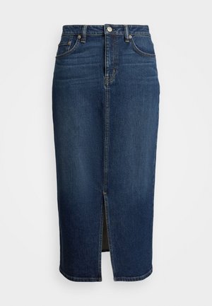 Denim-skjørt i mørkeblått, middels lengde, har en frontspalte, beltehemper og klassisk fem-lomme-design med gulltråddetaljer.
