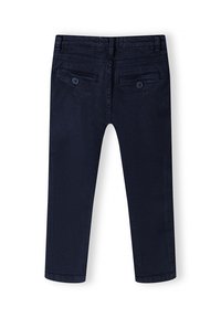 Pantalon en coton bleu marine avec une coupe droite, comportant deux poches arrière et des fermetures à bouton, texture lisse et sans motifs visibles.