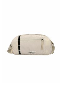 Marsupio beige con un design curvo e imbottito. Presenta una tasca con zip frontale, dettagli in hardware nero e una tracolla regolabile con motivo.