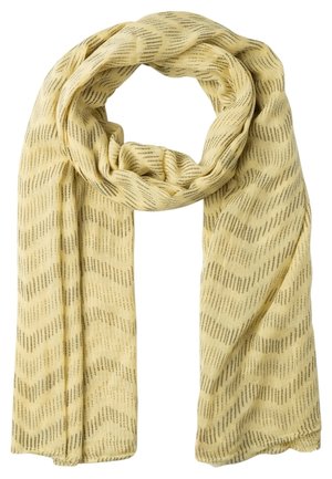 Écharpe jaune clair avec un motif subtil en zigzag gris en pointillés, bouclée lâchement en forme circulaire.