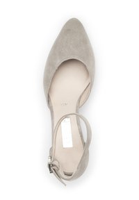 Beige suede high heel shoe with a pointed toe, ankle strap, and a smooth leather insole. Features a small metallic buckle detail.