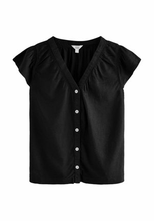 Blouse noire à manches courtes avec col en V, boutonnage sur le devant et plis subtils près des épaules, confectionnée dans un tissu léger.