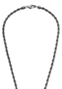 Colar de corrente em metal prateado com um design torcido, fecho em lagosta e textura suave. Comprimento ajustável.