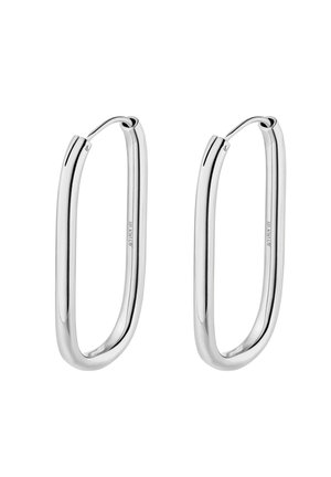 Silver hoop earrings with a smooth, elongated rectangular shape and a polished finish. Features a secure clasp on top.