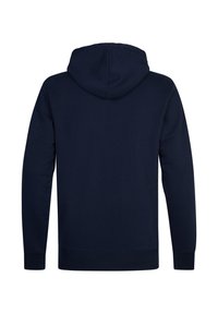 Sudadera con capucha de color azul marino, con textura suave, mangas largas y un ajuste relajado. Presenta una capucha centrada y puños y dobladillo acanalados.