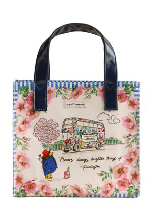 Borsa a tracolla con manici blu, bordo floreale, orso Paddington che dipinge un autobus di Londra ricoperto di fiori e testo "I fiori rendono sempre tutto più allegro."