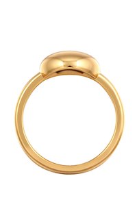 Gouden ring met een gladde, ronde bovenkant en een gepolijste band. Het ontwerp is eenvoudig en naadloos, met een glanzende afwerking over het geheel.