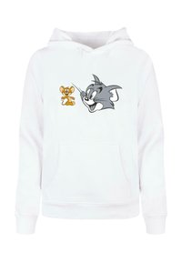 Biela mikina s kapucňou s grafickým motívom šedej mačky a hnedej myši. Dizajn je umiestnený centrálne nad prednou kapsou. Mäkká štruktúra látky.