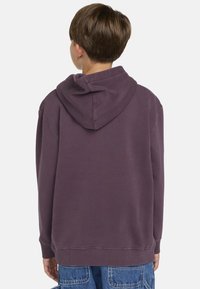 Paarse hoodie met een relaxed fit. Soepele stof en ribgebreide cuffs. Voorzien van een kangoeroezak en zichtbare stikdetails.
