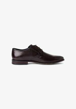 Brown leather dress shoe with a smooth finish, round toe, and four eyelets. Minimalist design and stacked heel create a refined appearance.