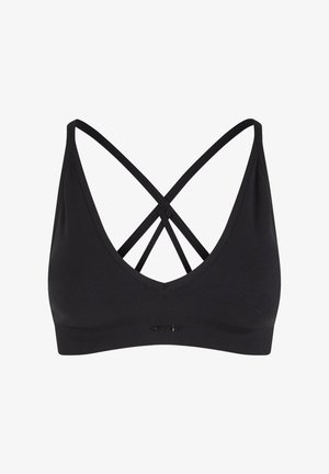 Schwarzer Sport-BH mit V-Ausschnitt und überkreuzten Trägern. Aus glattem Stoff gefertigt, mit einem breiten Unterband, das ein Logo-Detail aufweist.