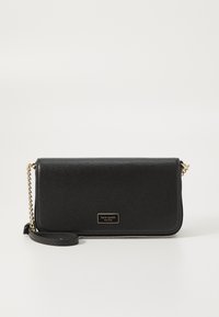 Black leather clutch with a textured finish, gold hardware, and a detachable chain strap. Features a brand logo on the front.