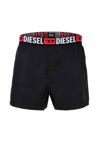 Zwarte zwemshorts met een effen ontwerp, voorzien van een geprinte elastische tailleband in wit en rood, en een sluiting met een voorste knop.