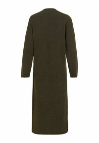Robe-pull tricotée longue vert foncé avec manches longues, col rond et silhouette droite vue de dos.