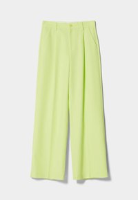 Pantalons larges de couleur vert lime vif. Fabriqués en tissu lisse avec des plis sur le devant et des poches latérales. Présentent une fermeture à bouton à l'avant.