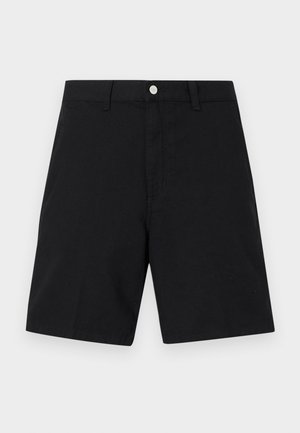 Black cotton shorts featuring a waistband with a silver button, straight leg design, and minimal stitching details for a clean look.