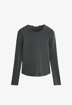 Tamnosivi dugi rukav s okruglim izrezom. Ima rebrasti uzorak i šavove sprijeda, što pruža pristajeći siluetu.