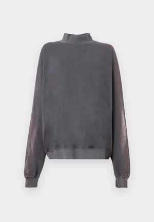 Grå pullover-sweatshirt med høj krave, lange ærmer og skinnende detaljer på armene. Fremstillet af et blødt stof med en afslappet pasform.