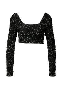 Zwarte cropped top met lange mouwen, met een gerimpelde textuur en witte stippen. Het vierkante halsontwerp voegt detail toe aan de silhouette.