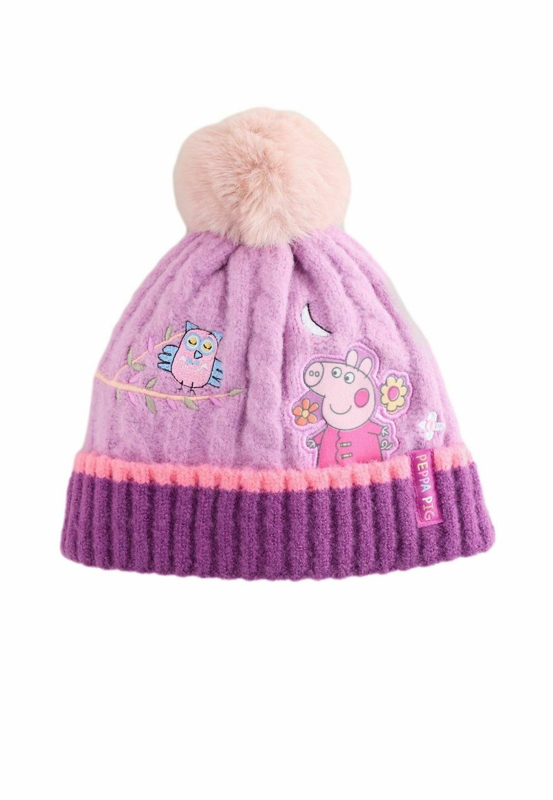 Lila gestrickte Mütze mit einem rosa Pompon, bestickten Figuren eines Uhus und Peppa Pig, einem gerippten lila Saum und rosa Akzenten.