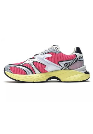 Men’s athletic sneaker with pink mesh, white and gray overlays, and a yellow cushioned sole, shown from the side on a white background.