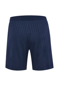 Marinblå shorts med vertikala ränder, en smidig tygkvalitet, elastisk midja och enkel fållfinish.