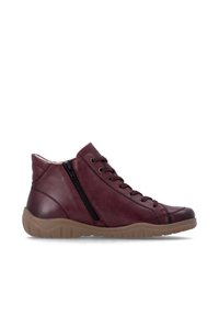 Chaussure mi-montante en cuir bordeaux avec fermeture éclair sur le côté, laçage devant et semelle en caoutchouc marron clair, vue de profil gauche sur fond blanc.