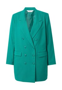 Teal tuplakönnen blezer, joka on valmistettu sileästä kankaasta, jossa on suuret napit, viisto kaulus ja kaksi etutaskua. Pitkät hihat.