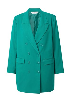 Blazer doppiopetto verde acqua realizzato in tessuto liscio, caratterizzato da grandi bottoni, rever a punta e due tasche frontali. Maniche lunghe.