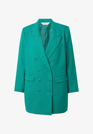 Tyrkysový dvouřadý blejzr vyrobený z hladké tkaniny, má velké knoflíky, klopové límce a dvě přední kapsy. Dlouhé rukávy.