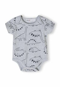 Sivi kratki bodi s ilustracijama crnih dinosaura, napravljen od mekanog materijala s ojačanim ramenima i kopčanjem na dnu.