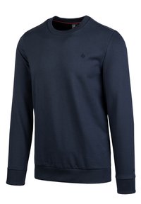 Felpa blu navy realizzata in morbido tessuto, con colletto rotondo a coste, maniche lunghe e un piccolo logo sul petto.