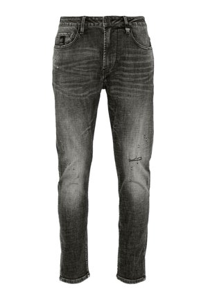 Tmavě šedé slim-fit džíny s mírným vyblednutím a opotřebovanými detaily na stehnech, obsahující pět kapes a poutka na pásek.