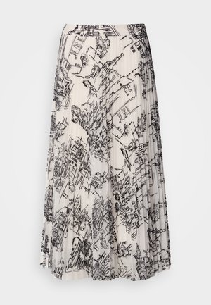 White pleated skirt with black sketch-style cityscape and tree patterns, featuring a high waist and flowy fabric.