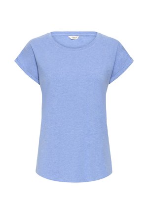 Svetlomodré tričko s krátkym rukávom a okrúhlym výstrihom, jemnou textúrou a jednoduchým, nezdobeným dizajnom.