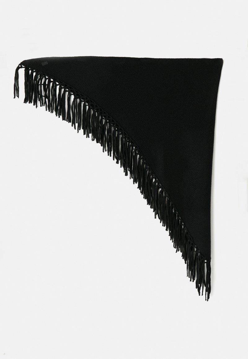 Châle triangulaire noir en tissu texturé avec des franges longues et fines le long du bord, créant une apparence superposée.