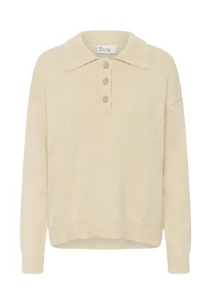 Bézs színű kötött hosszú ujjú pulóver lehajtott gallérral és három bézs gombbal az elülső középső részen.
