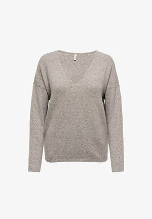 Sweter w serek w jasnym beżu, z długimi rękawami, luźnym krojem i miękką teksturą z delikatnym wzorem drobnych plamek.