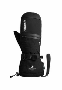 Schwarze isolierte Fäustlinge mit einer weichen Außenschicht, strukturierten Lederelementen, verstellbarem Handgelenkriemen, Reißverschlusstasche und Logodetail.