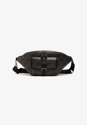 Dark brown waist bag with black "AV" pattern, front pocket with buckle, dual zipper, and adjustable black strap.
