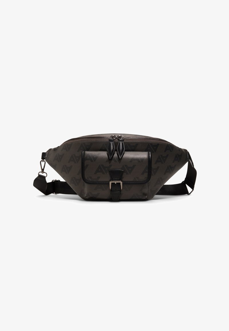 Dark brown waist bag with black "AV" pattern, front pocket with buckle, dual zipper, and adjustable black strap.