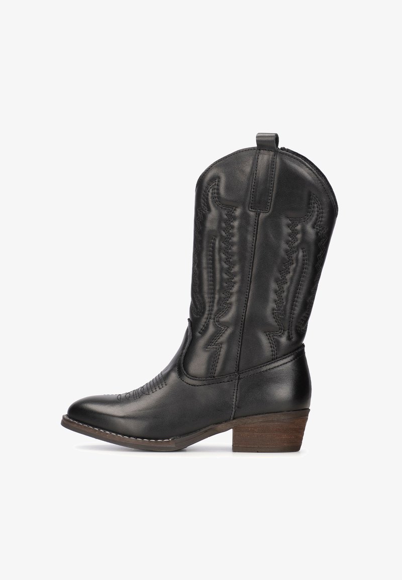 Botte de cowboy en cuir noir avec un bout pointu et un petit talon empilable. Présente des coutures décoratives et une languette à l'arrière pour un enfilage facile.
