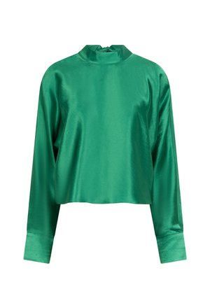 Grünes satinierter Cropped-Top mit langen Ärmeln, hohem Kragen und glatter Textur. Verfügt über ein elastisches Detail am Kragen und breite Manschetten.