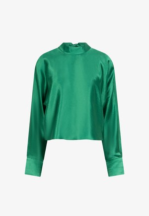 Grünes satinierter Cropped-Top mit langen Ärmeln, hohem Kragen und glatter Textur. Verfügt über ein elastisches Detail am Kragen und breite Manschetten.