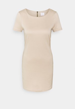 Beiges kurzärmliges Kleid aus glattem Stoff, mit Rundhalsausschnitt und einem Reißverschluss hinten für den Verschluss. Einfaches, figurbetontes Design.