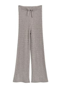 Graue weite Strickhosen mit Kabelmuster und Kordelzugbund, hergestellt aus weichem strukturiertem Stoff.