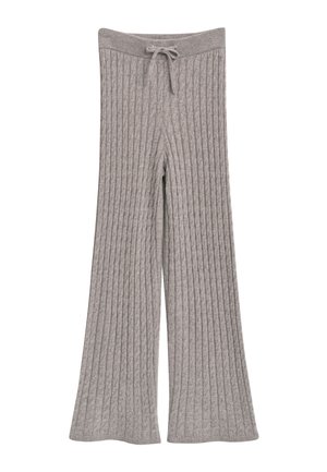 Grijze wijde gebreide broek met kabelpatroon en een tailleband met trekkoord, gemaakt van zachte, gestructureerde stof.