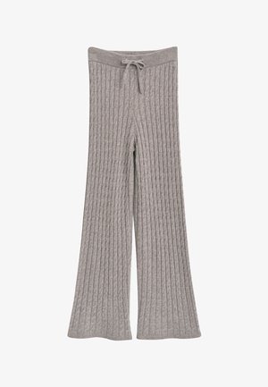 Graue weite Strickhosen mit Kabelmuster und Kordelzugbund, hergestellt aus weichem strukturiertem Stoff.