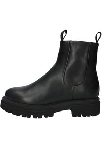 Botas de cuero negro hasta el tobillo con una textura suave, paneles laterales elásticos, tiradores y una suela de goma gruesa y acanalada.